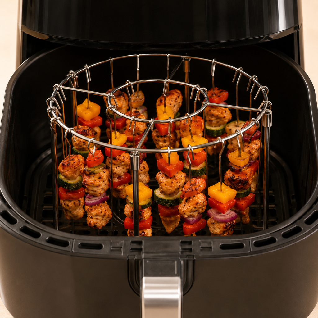 Close-up of golden charred kebabs hanging vertically in the Crisply air fryer rack