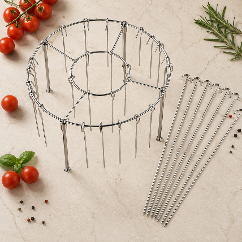 Top view of Crisply skewer rack and stainless steel skewers on kitchen countertop
