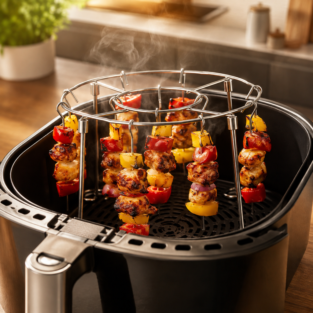 Crisply air fryer skewer rack with charred chicken kebabs standing upright in air fryer basket