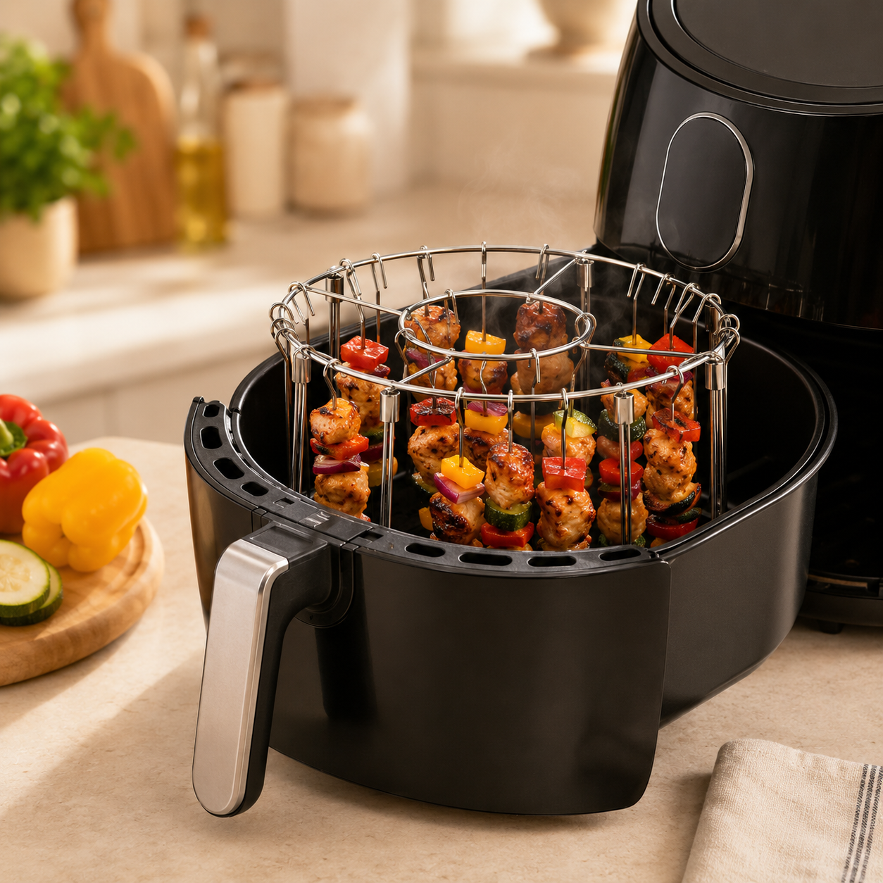 Crisply skewer rack fully loaded with kebabs inside air fryer basket