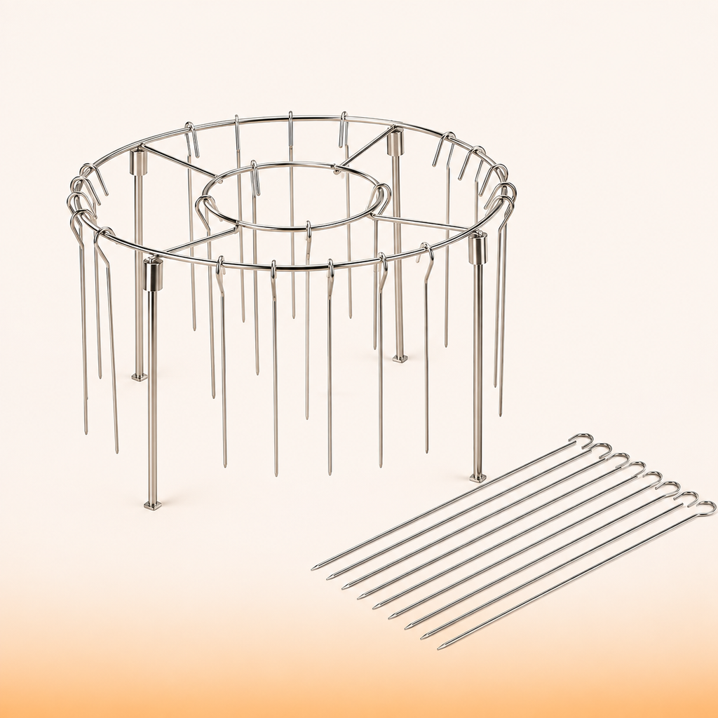 Crisply stainless steel vertical skewer rack with hanging skewers - what's included