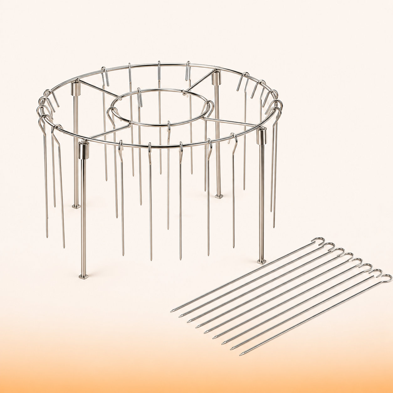 Crisply stainless steel vertical skewer rack with hanging skewers - what's included