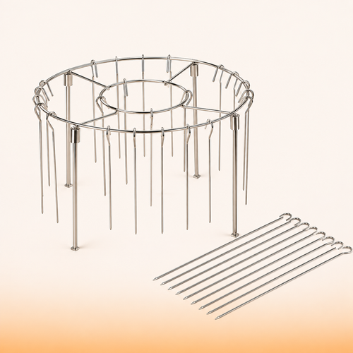 Crisply stainless steel vertical skewer rack with hanging skewers - what's included